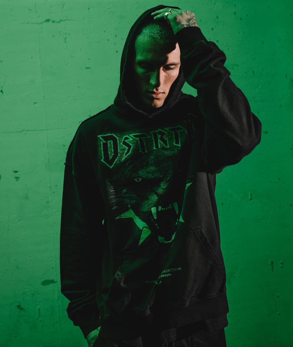 Distorted People Vintage Panther Washed Black, White & Green Oversized T-Shirt, XXL / Washed Black/ White/ Green / 100% Cotton