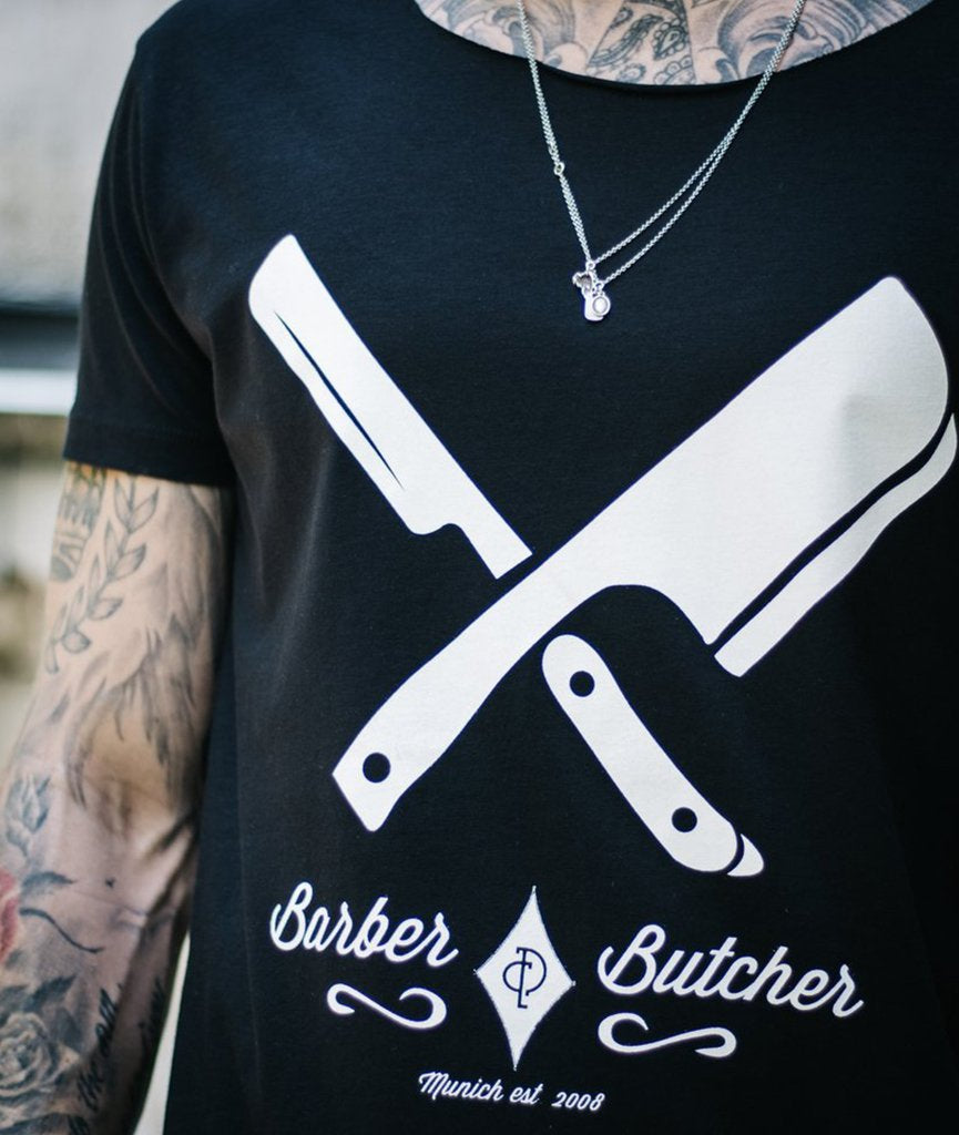 Distorted Black T-Shirt USA Distorted – | People & Butcher Barber Cut Blades People Neck